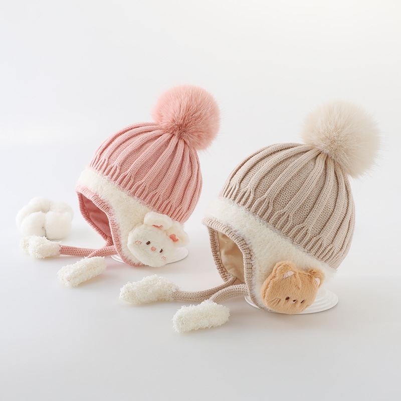 Warm Ear Protection Hat Velvet Lining Kids, Children Woolen Knit Hats, Cute Animal Baby Earmuffs Cap Winter