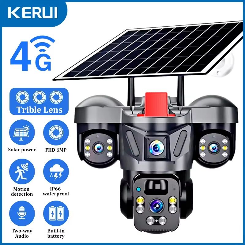 KERUI 6MP Solar WiFi 4G PTZ Outdoor Security Camera with Triple Lens and Built-In Battery