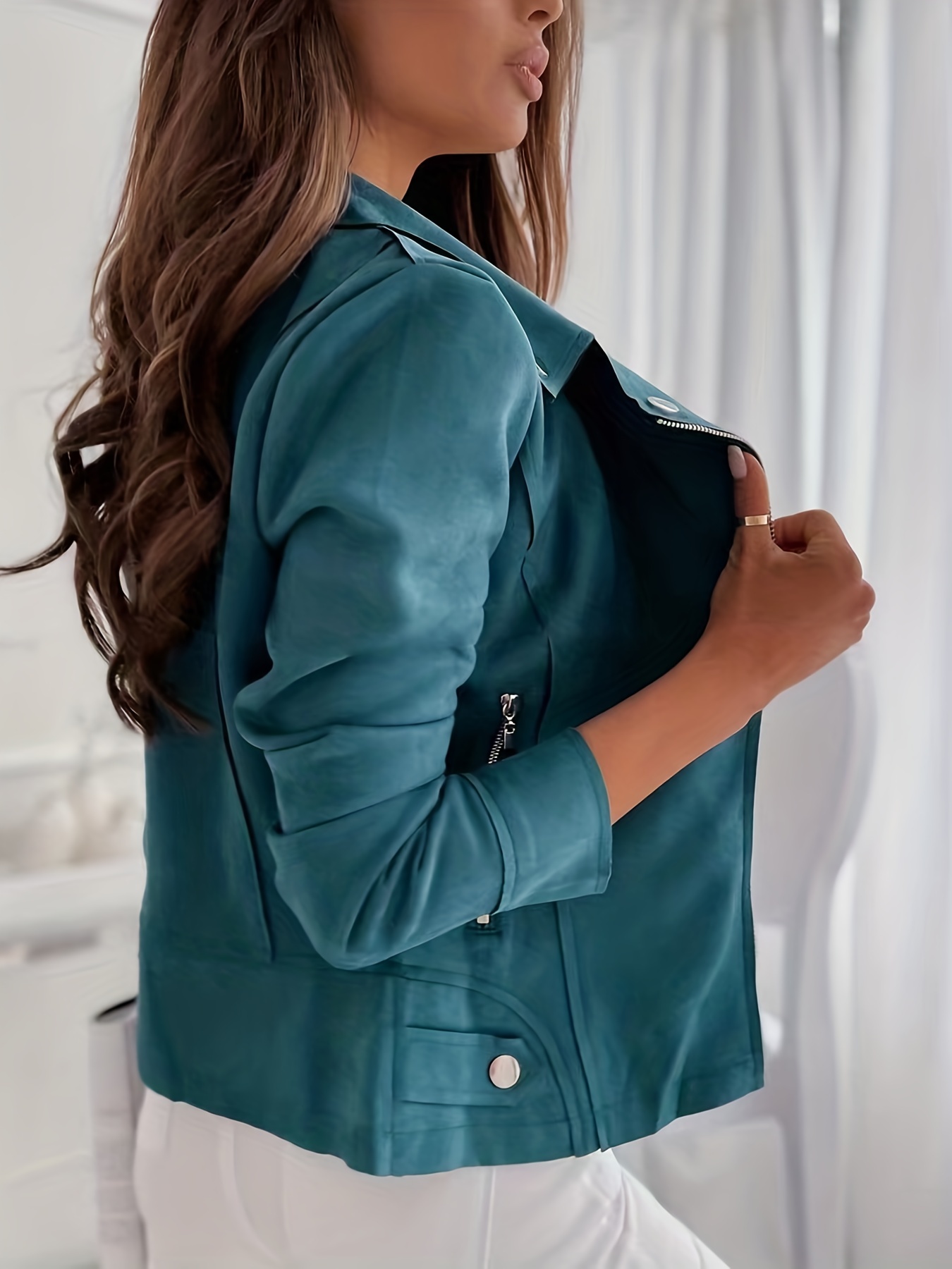 Solid Zipper Biker Jacket - Casual Long Sleeve Waterfall Collar Outerwear - Women's Clothing