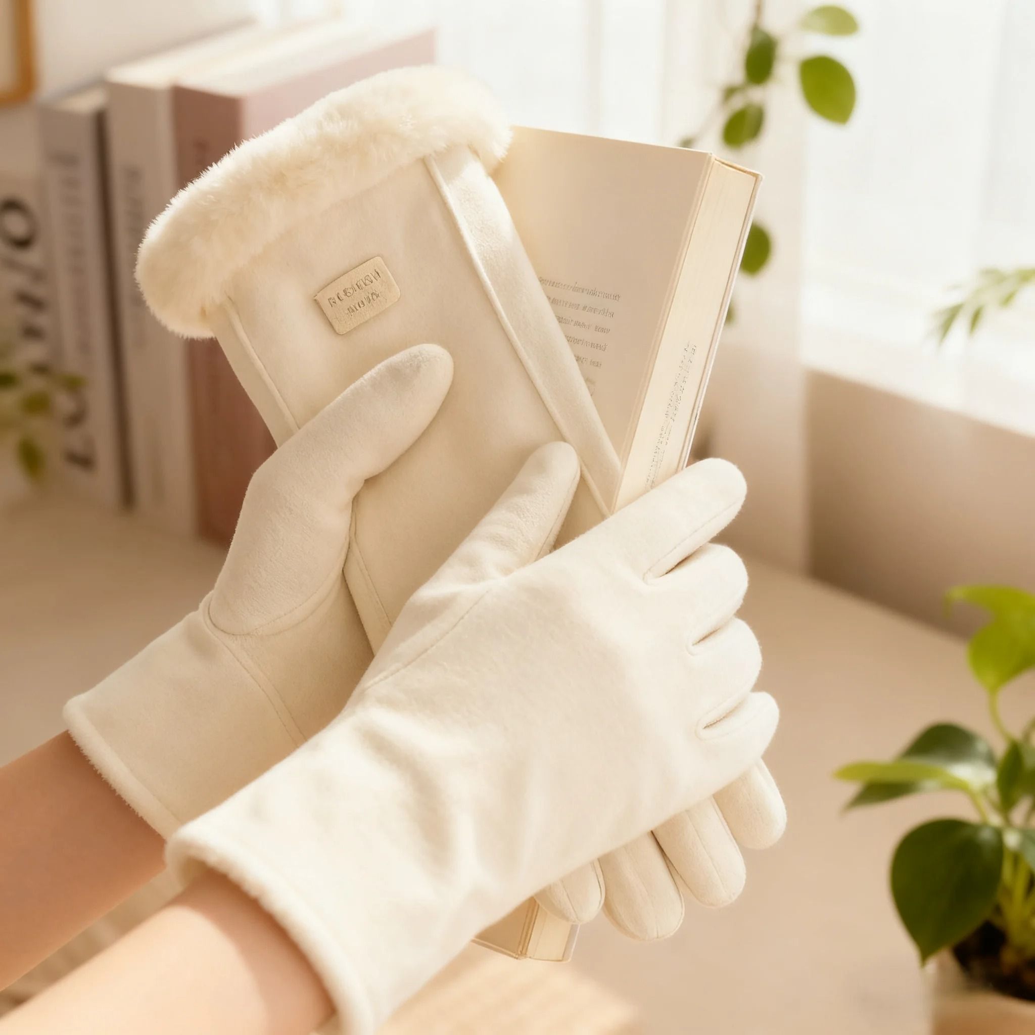 Beige Touchscreen Winter Gloves with Plush Lining for Cold Weather