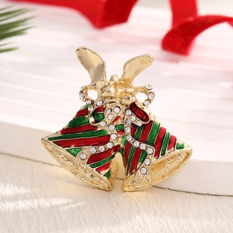 Rhinestone Enamel Christmas Bells Brooch Pin – Festive Holiday Jewelry Accessory for Women