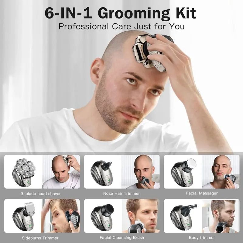 Mens Bald Head Electric Shaver 9 Blade Floating Rechargeable Trimmer with Beard Nose and Ear Attachments