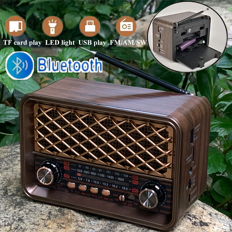 Retro Bluetooth Radio with AM FM and Flashlight Rechargeable Vintage Portable Speaker