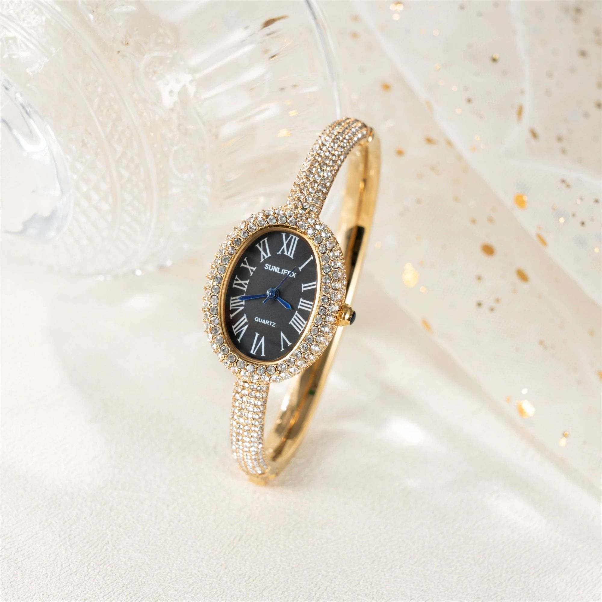 Elegant Oval Rhinestone Bracelet Watch – Luxury Roman Numeral Waterproof Quartz Timepiece for Women