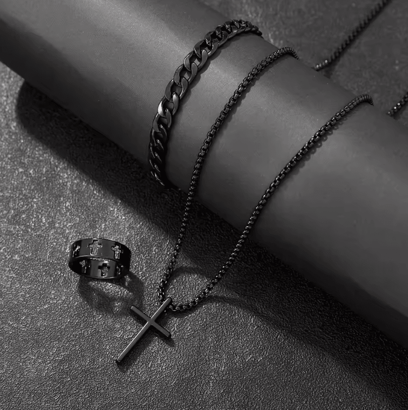 Mens 3-Piece mens jewelry set Alloy Cross Pendant Necklace, Bracelet and Ring Combo