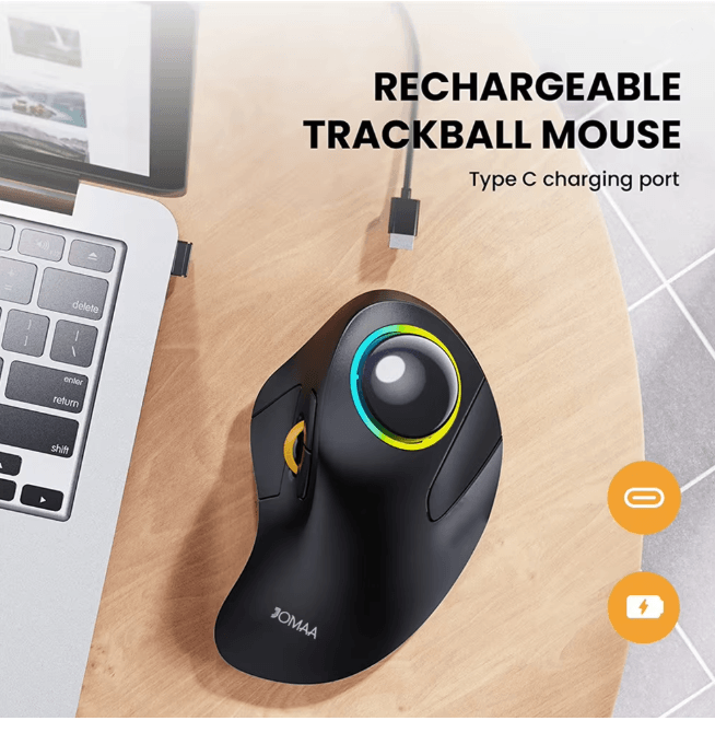 Rechargeable Wireless Trackball Mouse Ergonomic RGB Rollerball for PC and Laptop