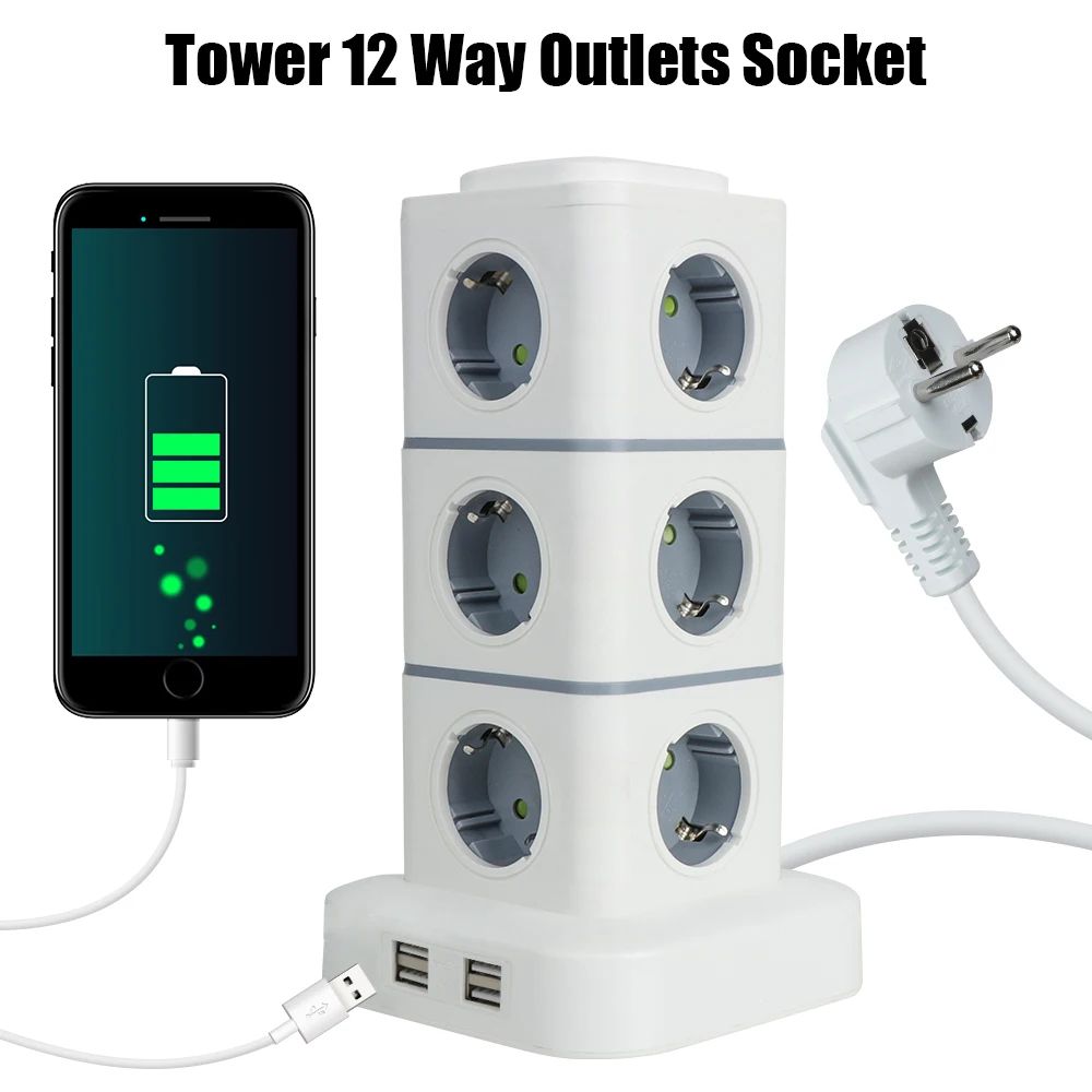 PowerTower 12-Outlet Power Strip Tower with USB Charging Ports & Overload Protection