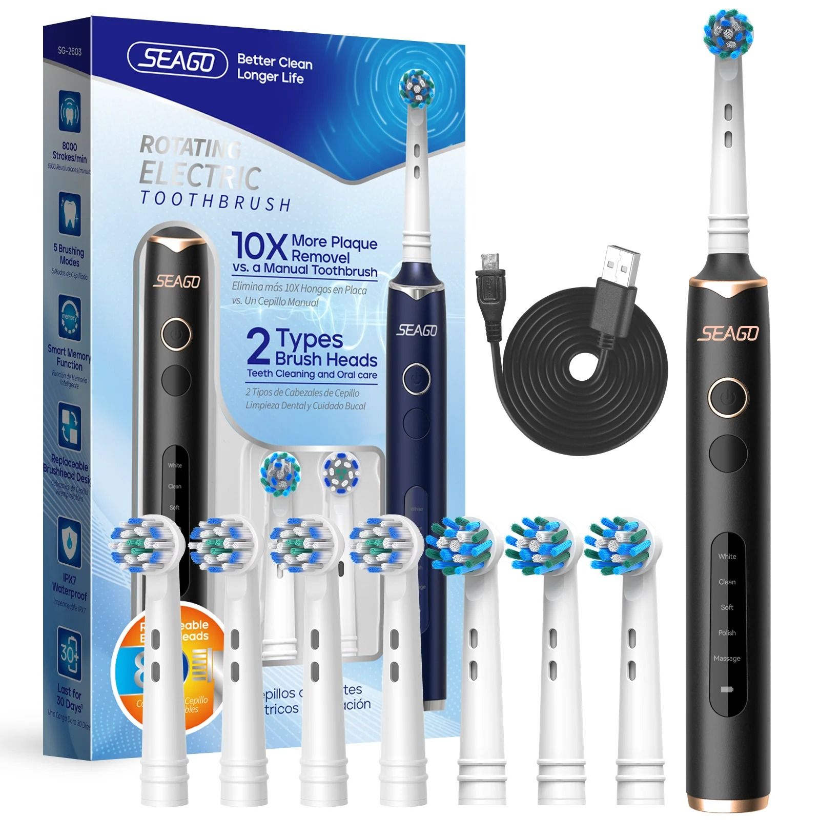 Electric Rechargeable Toothbrush with 8 Brush Heads and Smart Timer