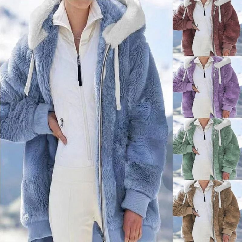 Cozy Womens Plush Hooded Jacket Loose Zip Up Winter Fleece Coat