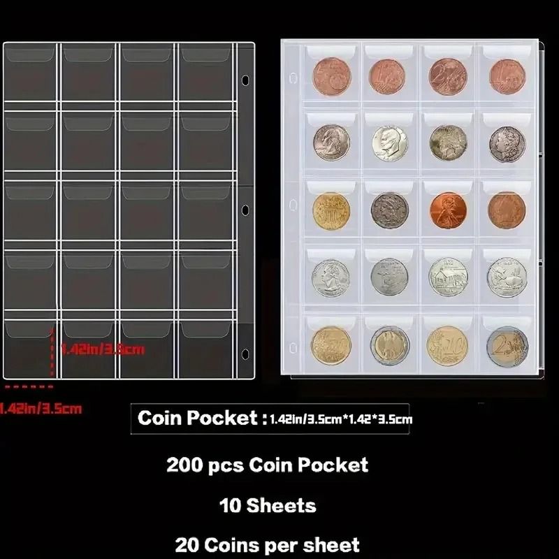 200 Pocket PU Leather Coin Collection Album with 10 Pages & Storage for Paper Currency