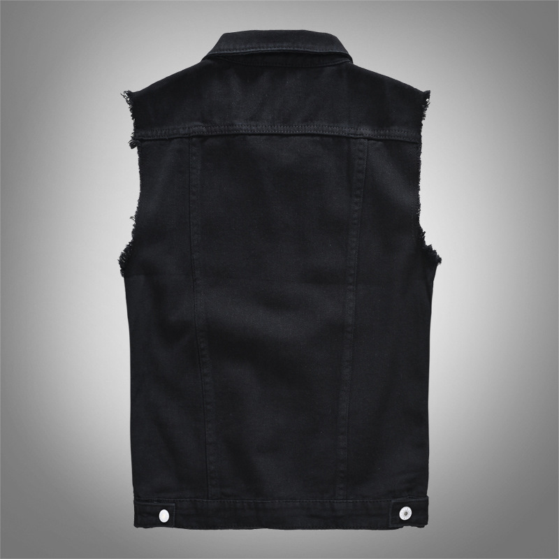 Mens Black Jean Vest, Slim Fit Denim Waistcoat, Fringe Sleeveless Tank Top