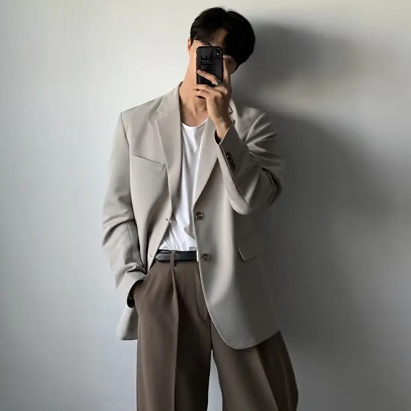 Trendy Men's Casual Blazer, Autumn Loose Fit Black Jacket, Western Style Single Breasted Dongdaemun Fashion