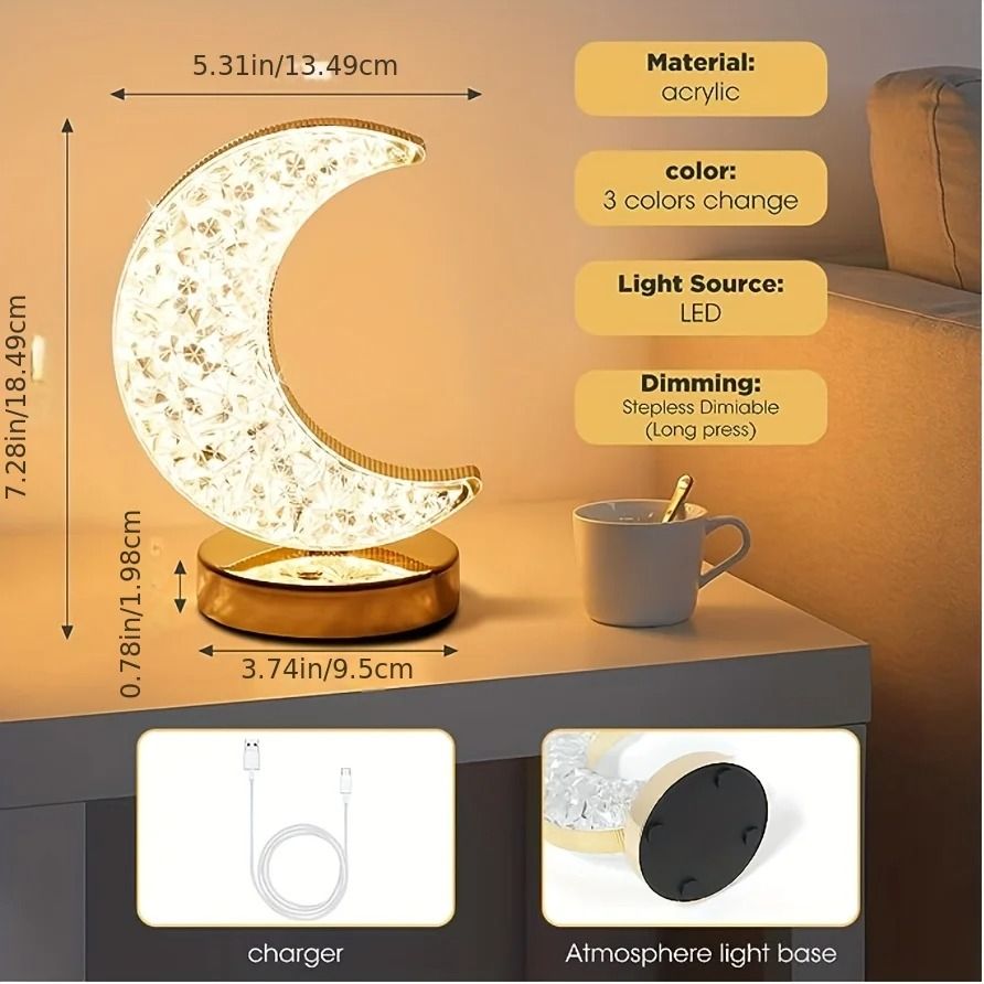 Bedroom Crystal Touch Dimming Night Light USB Bedside LED Ambient Table Moon Lamp