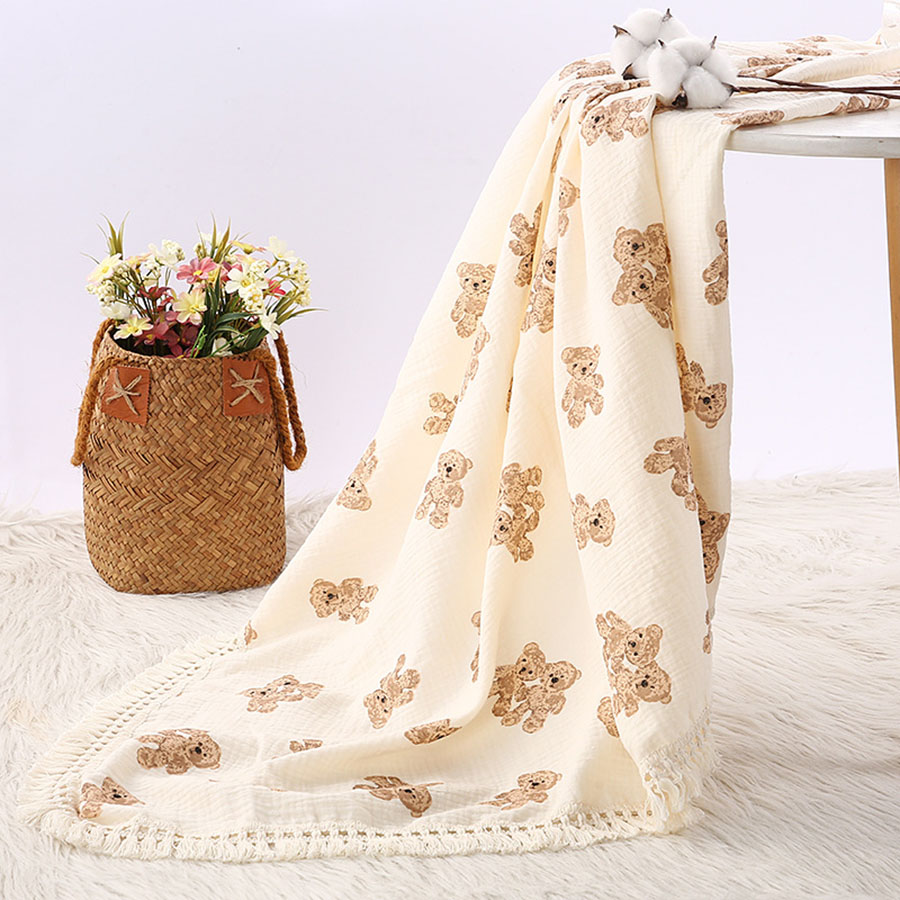 Cotton Baby Blanket for Newborn, Cute Bear Muslin Squares, Plaid Infant Swaddle Blanket, Summer Comforter for Babies
