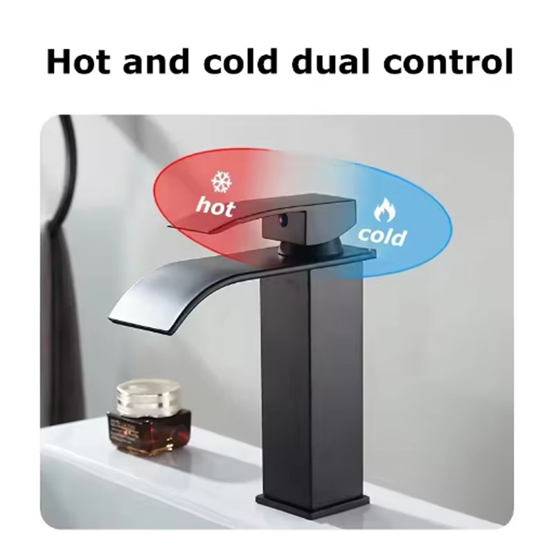 Waterfall Bathroom Faucet Black Stainless Steel Sink Mixer Hot and Cold Basin Tap