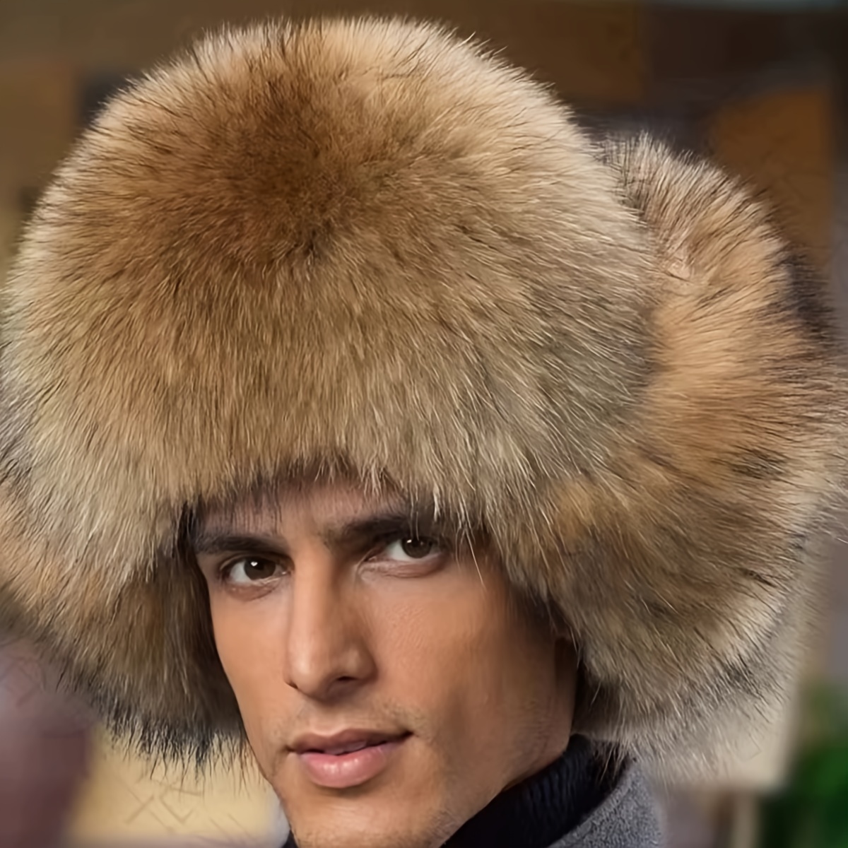 Warm Hat, Faux Fur Men's Bomber Cap, Thickened Winter Hat