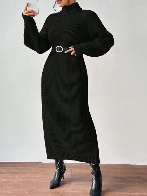 Heavy Gauge Chunky Knit Turtleneck Maxi Dress