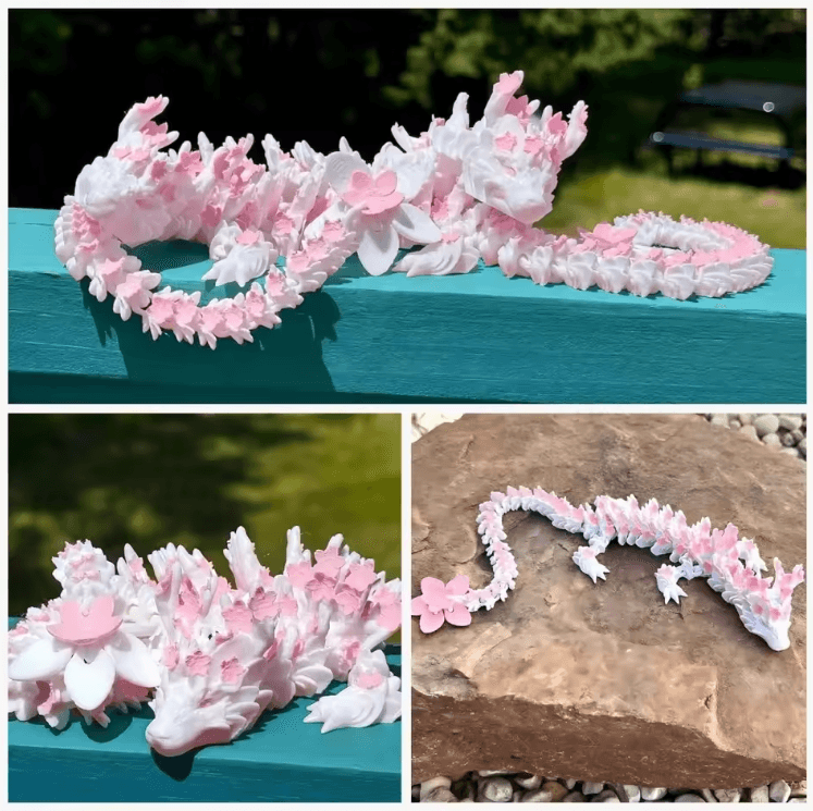 3D Printed Cherry Blossom Dragon – Articulated Fantasy Desk Ornament with Movable Joints
