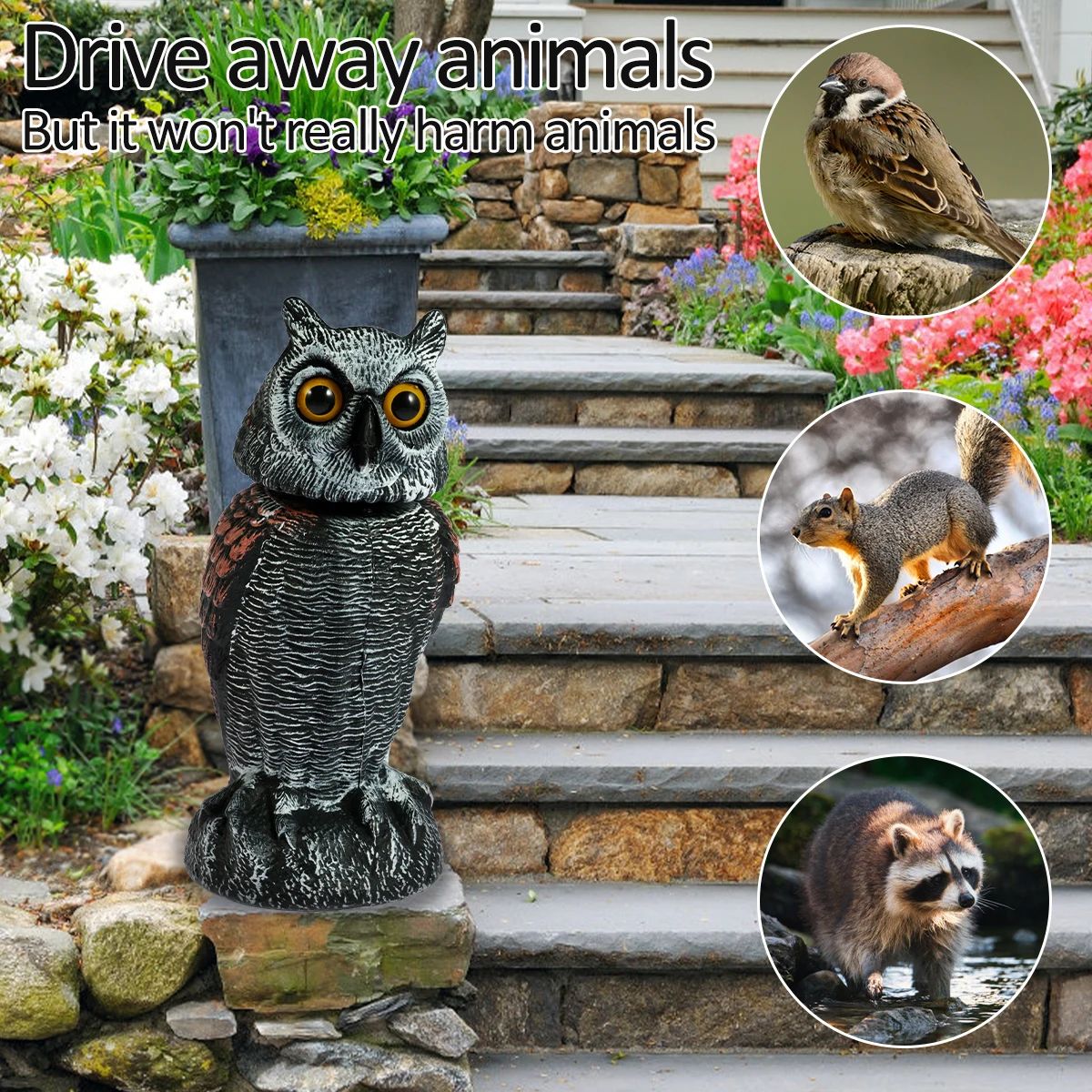 Realistic Owl Bird Repellent Decoy with 360 Degree Rotating Head Waterproof Garden Protector