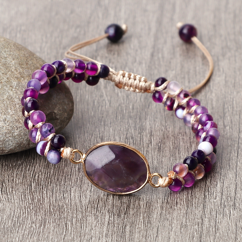 Purple Crystal Agate Stone Wrap Bracelet, Yoga Beaded Charm Bracelet for Women and Men, Bohemian Jewelry Gift