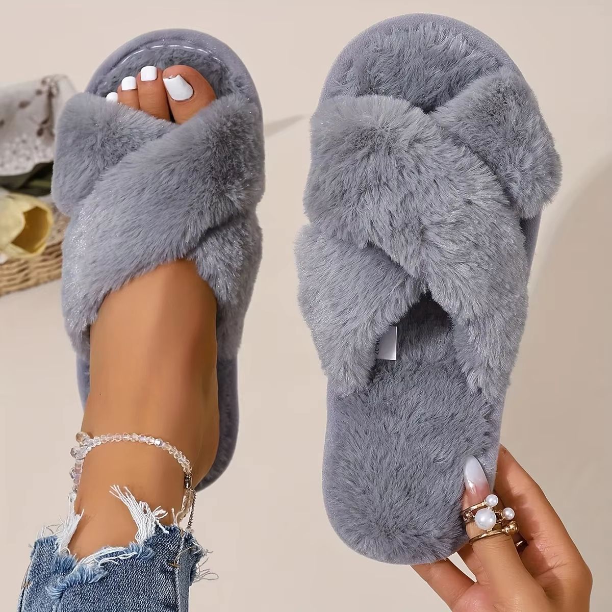 FuzzWave Women's Cross-Band Furry Slides Plush EVA Light Slippers