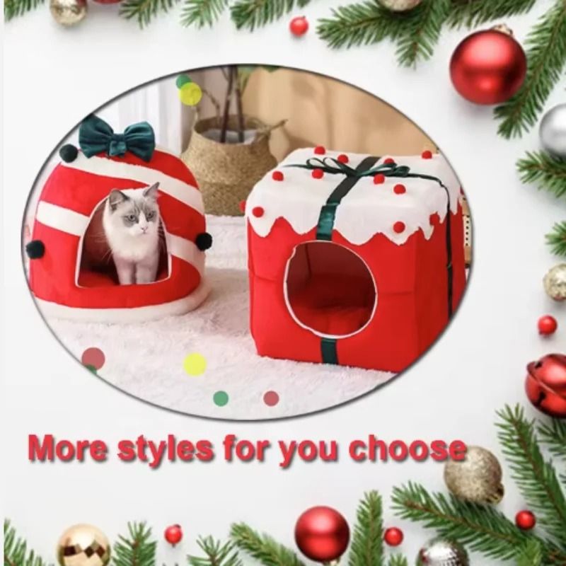 Christmas Pet Bed Cozy Winter Cat and Dog Sleeping House