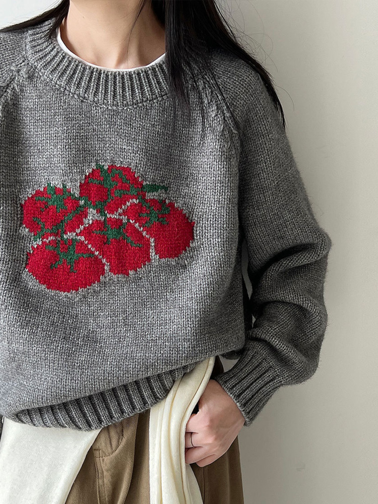 Autumn New Soft Pullover, Tomato Pattern Knitted Sweater, Loose Round Neck