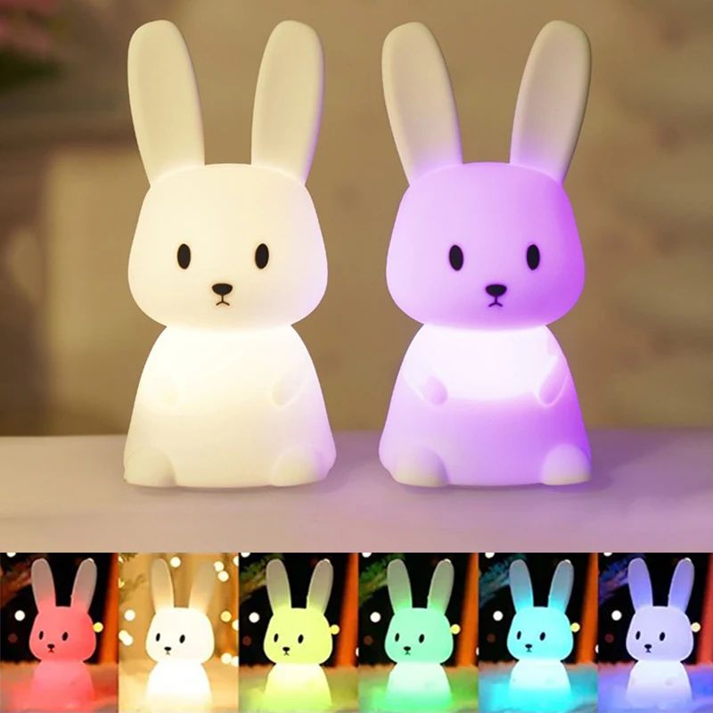 GGbingo Cute Rabbit Silicone LED Night Light – Touch Sensor 7 Color Rechargeable Kids Bedside Lamp