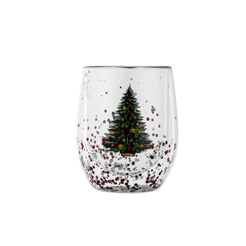 Double Wall Christmas Glass Mug Heat Resistant Holiday Coffee Cup