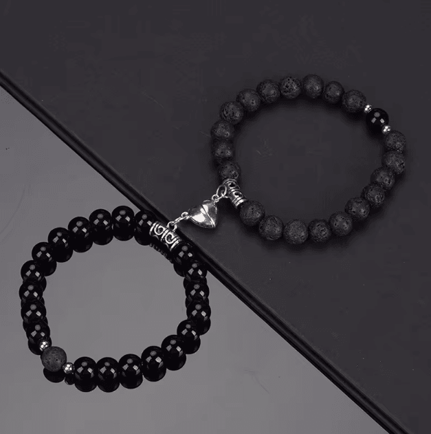 LavaLove 2-Pcs Beaded Couple Bracelets Set – Natural Stone Heart Magnetic Distance Bracelets Gift