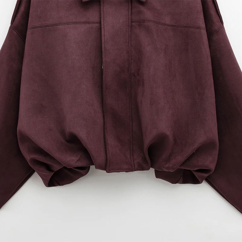 HXAO Cropped Suede Bomber Jacket Women Lapel Zipper Racing Coat