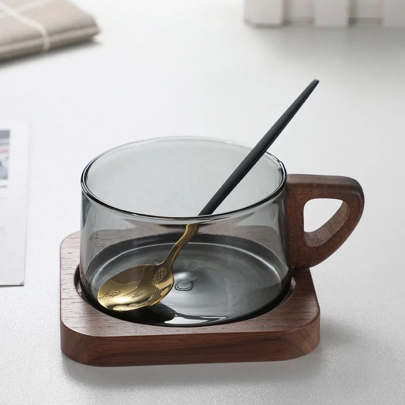 Glass American Latte Coffee Cup with Wooden Tray