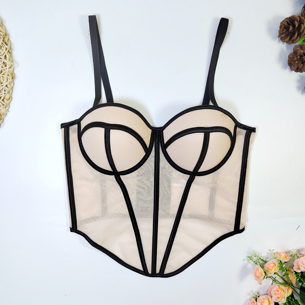 Sexy Color Block Mesh Corset Bustier Bra Crop Top for Women, Party & Night Club