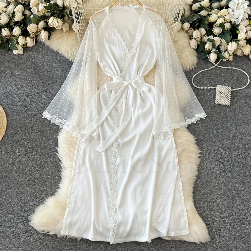Sexy Embroidered Edge Kimono Robe – Professional Silk Satin Long Gown with Mesh Sleeves
