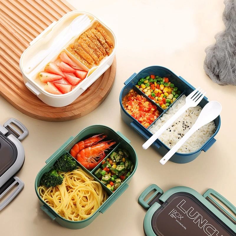 Portable Double Layer Lunch Box with Compartments Microwave Safe Food Container with Fork and Spoon