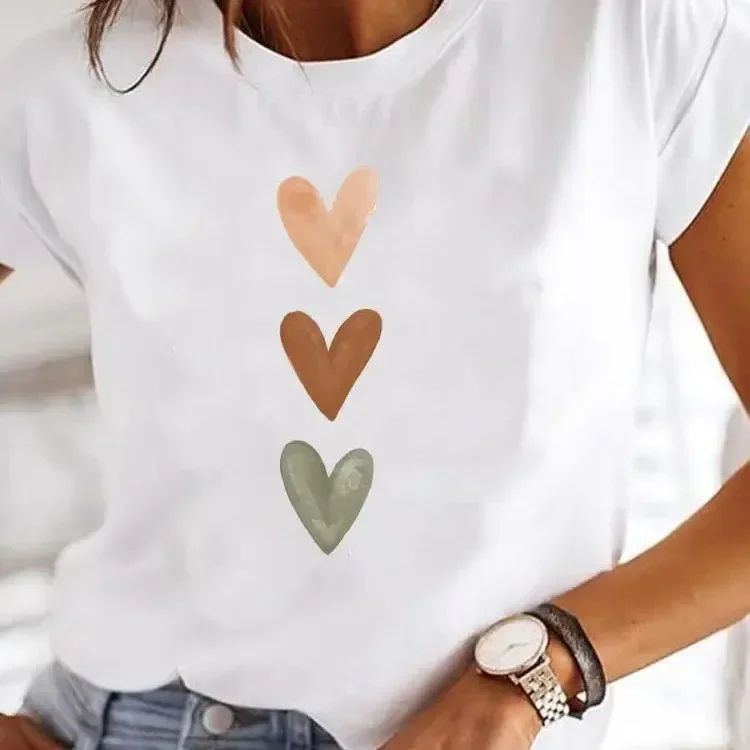 Retro Love Heart Y2K T-Shirt – Womens Casual Heart Print T-Shirt Summer O-Neck Graphic Tee