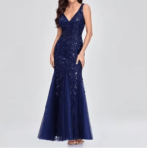 Elegant V Neck Sequin Dress Sleeveless Socialite Summer Evening Gown
