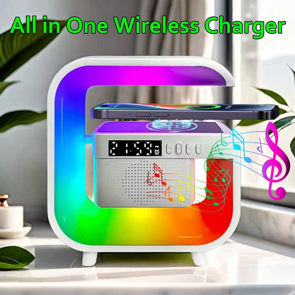 Home Bluetooth Speaker with Wireless Charger and RGB Alarm Clock