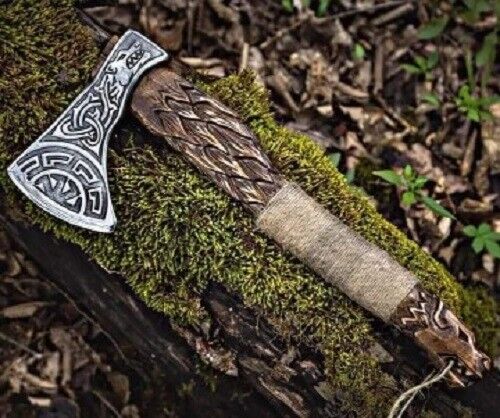 Hand-Forged Carbon Steel Axe | Acid-Etched Head with Cutting Edge & Ash Wood Handle | Viking Style Handmade Axe