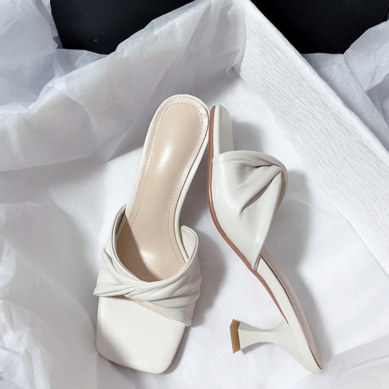 New Fashion Summer Handmade Women Shoes High Heels Square Open Toe Slippers Apricot Off White