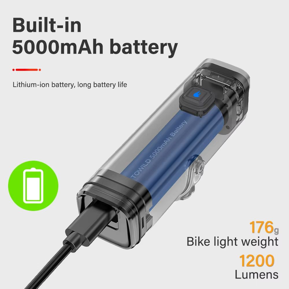 TOWILD CL1200 Smart Bike Headlight – 1200 Lumen USB-C Rechargeable Bicycle Light with Remote Control & 5000mAh Battery