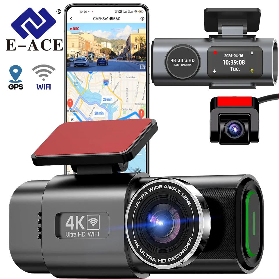 E-ACE 4K Dual Lens Dash Cam with GPS & Wi-Fi – Front & 1080P Rear Car Camera with 24H Parking Monitor