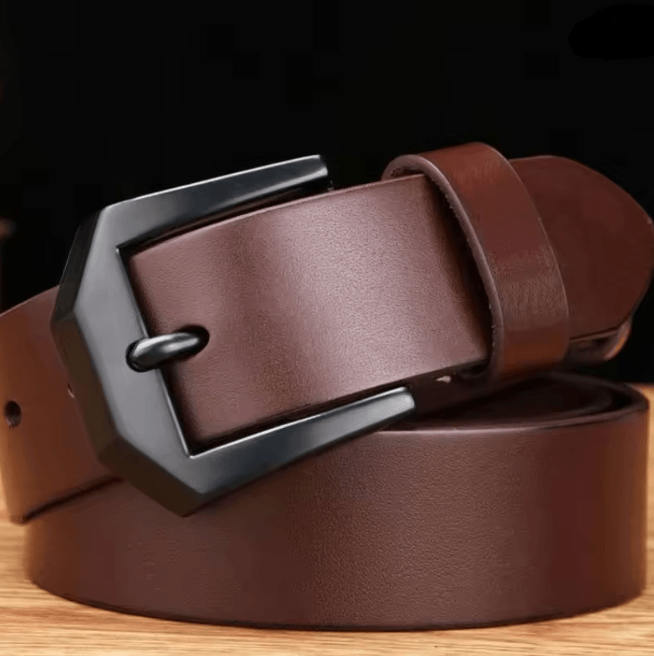 Classic Mens Leather Belt with Copper Needle Buckle Business Casual Style