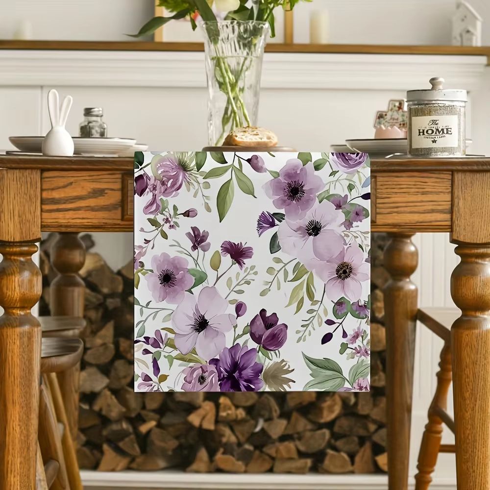 Watercolor Floral Linen Table Runner Green Plant Pattern Reusable Dining and Wedding Decor