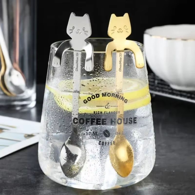 Creative 304 Stainless Steel Cat Coffee Spoon Hanging Edge Cute Stirring Spoon Set Gold Plated Teaspoon