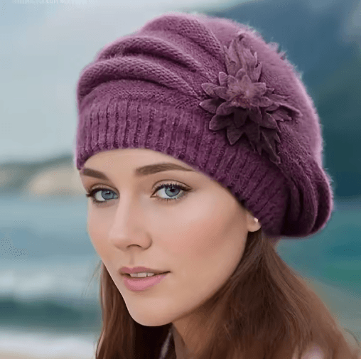 Womens Winter Flower Beret Thick Knitted Wool Hat for Autumn Winter Warmth