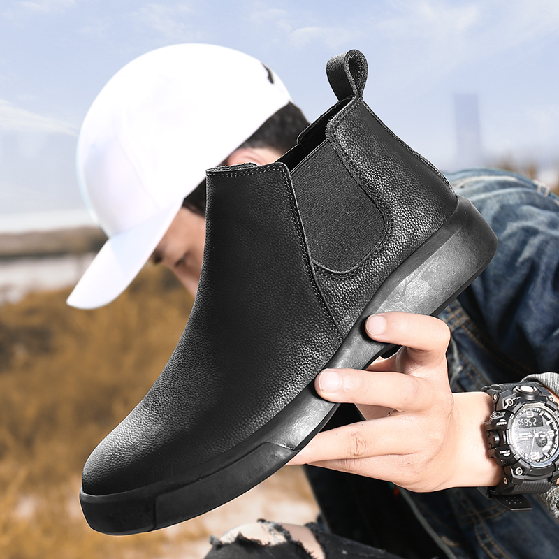Men Winter Leather Ankle Boots with Fur, No-Slip High Top Chelsea Boots, Casual Work Shoes for Outdoors