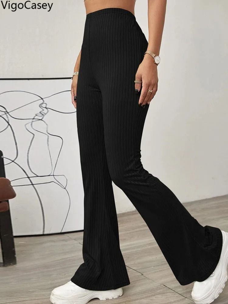 VigoCasey 2025 Casual Knit High Waist Bell Bottom Pants Autumn Winter Solid Office Trousers
