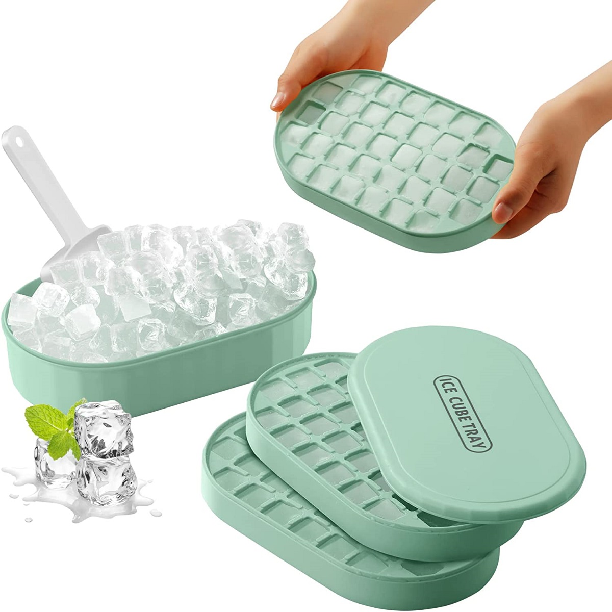 Stackable Double Ice Cube Tray with Lid and Case, Ice Cubes with Container and Spoon Included BPA Free