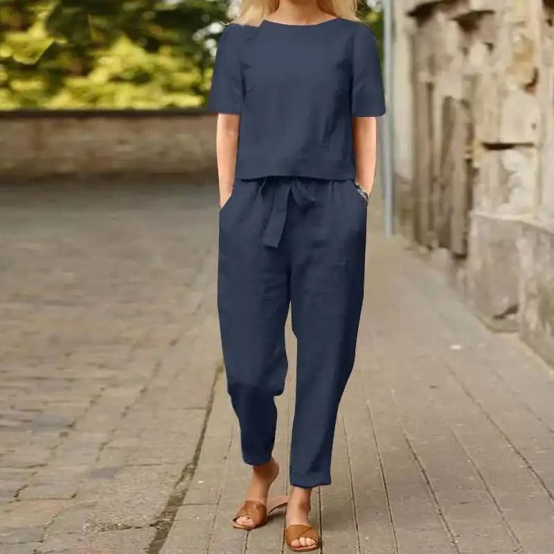 Womens Cotton Linen Matching Suit Lightweight Wide Leg Pants and Tie Waist Top